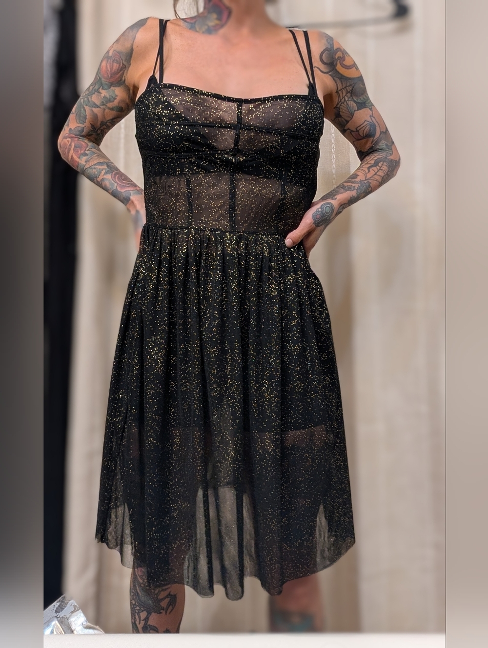 Sheer Black & Gold Sparkle Midi Dress - Brand Not Specified